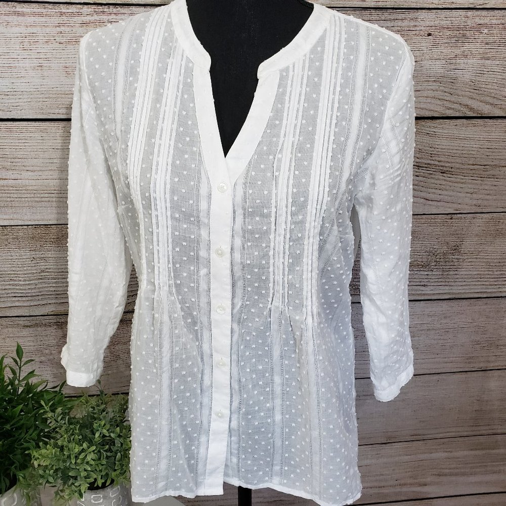 TALBOTS WHITE DOTTED 3/4 SLEEVE TOP - SMALL - Picture 2 of 14